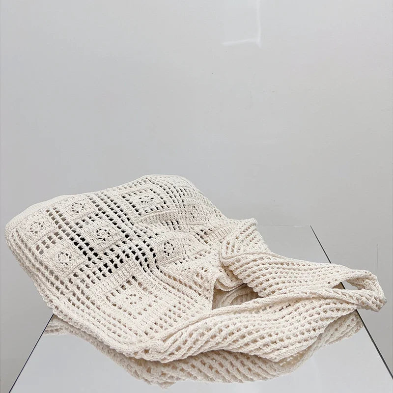 Women’s Crochet Tote Bag - Hollow Knitted Shoulder Handbag for Casual Shopping & Everyday Style