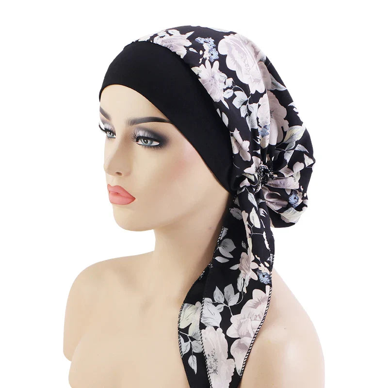 Women’s Pre-Tied Turban Cap – Muslim Hijab & Chemo Hair Loss Head Scarf with Flower Print Stretch Bandana
