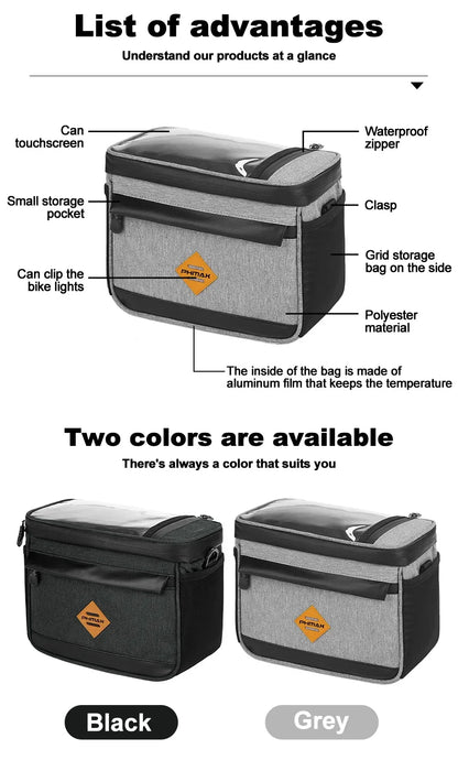 PHMAX Insulated Cycling Front Handlebar Bag – Large Waterproof MTB Pannier with Touch Screen & Cooler Compartment