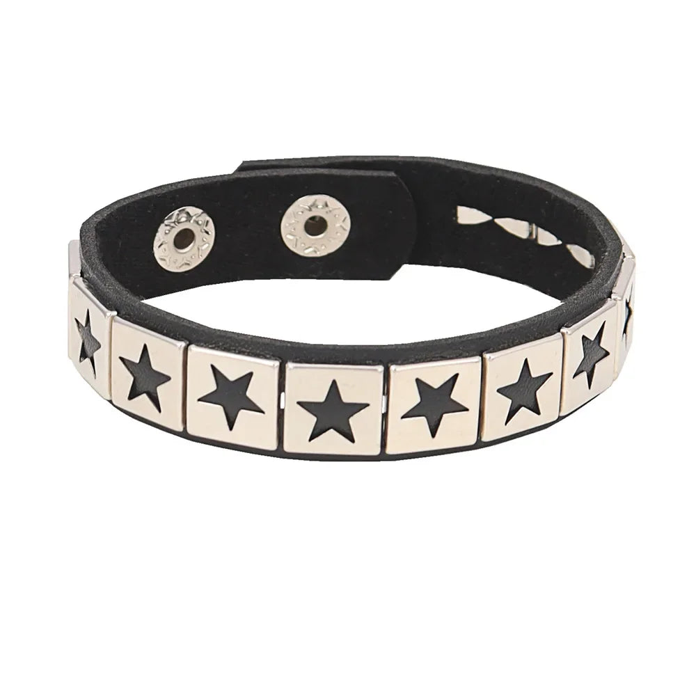 Punk Rock Hip Hop PU Leather Bracelet – Unisex Skull, Pentagram & Rivet Chain Bracelet, Trendy Party Jewelry Accessory