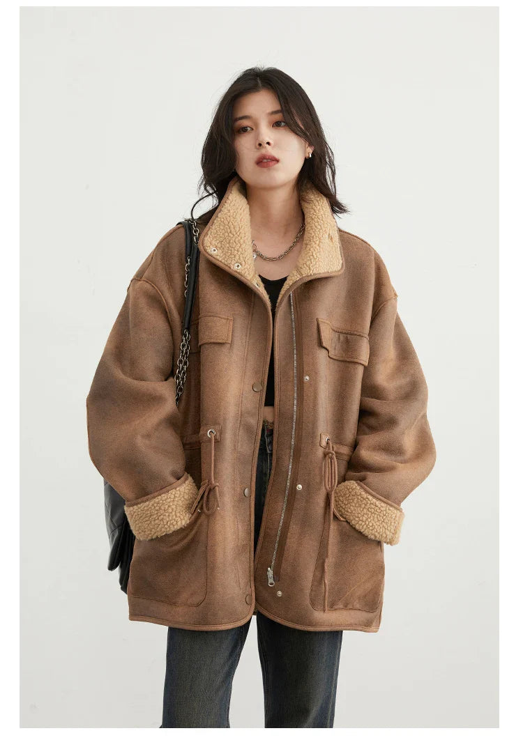 CHIC VEN Women's Reversible Jacket – Thick Suede, Motorcycle Style, Loose Fit Winter & Autumn Outerwear 2023