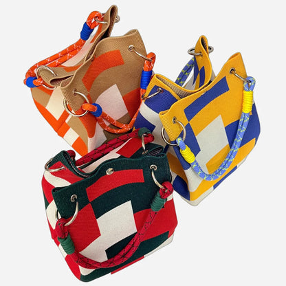 Women’s Color Block Knit Tote Bag – Bucket Style Storage Bag with Adjustable Straps, Metal Rings, Snap Closure for Casual Travel