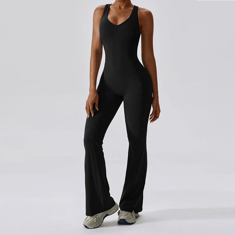 Flaunt Your Style: Sexy Back V Jumpsuit Gym Set - Women's Sportswear, Fitness Rompers for Stretch Workout Bodysuits