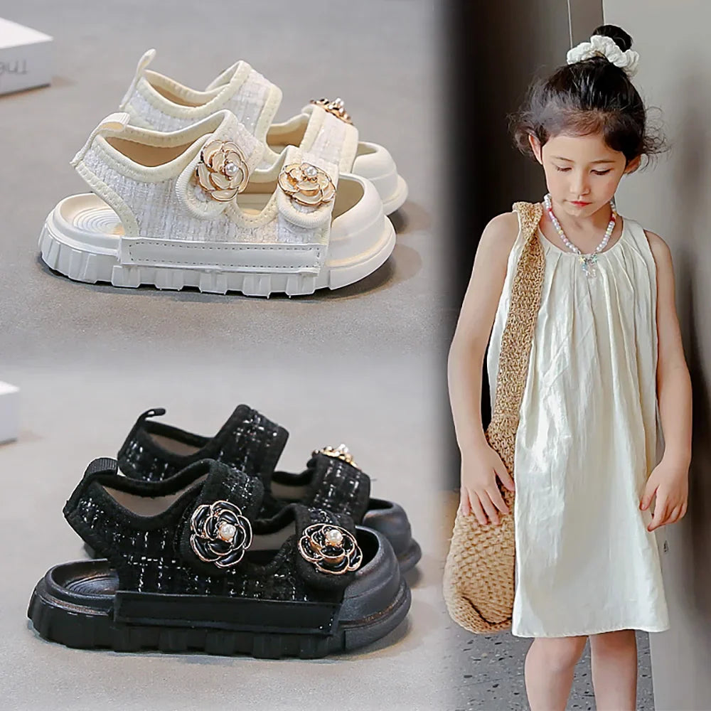 Girls’ Summer Sandals with Pearl Flower, Soft-Soled Beach Shoes for Kids