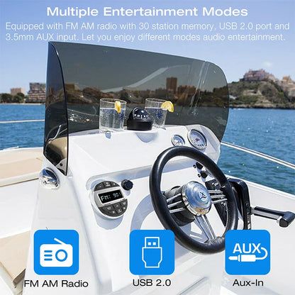 Boat Radio Media Player – Waterproof Marine Stereo MP3 Bluetooth Audio, FM/AM Receiver for Harvesters, ATV, UTV, SPA, RZR
