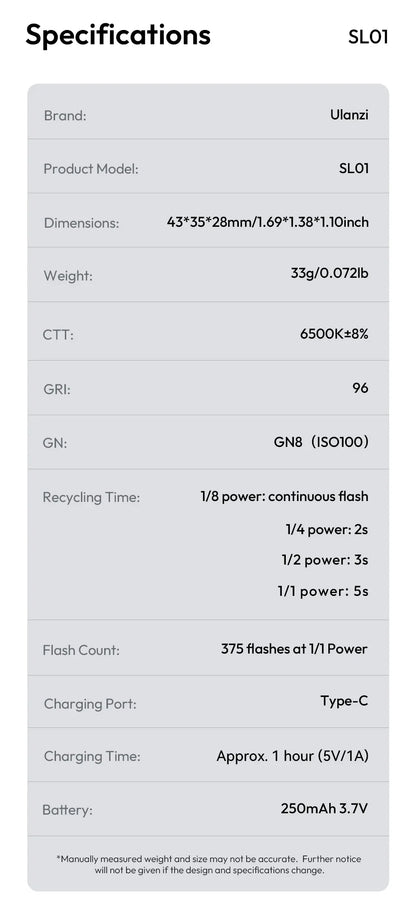Ulanzi SL01/SL02 Mini Camera Flash – GN8 6500K SpeedLite for Canon, Sony, Nikon, Fuji DSLR, Vlog & Outdoor Photography