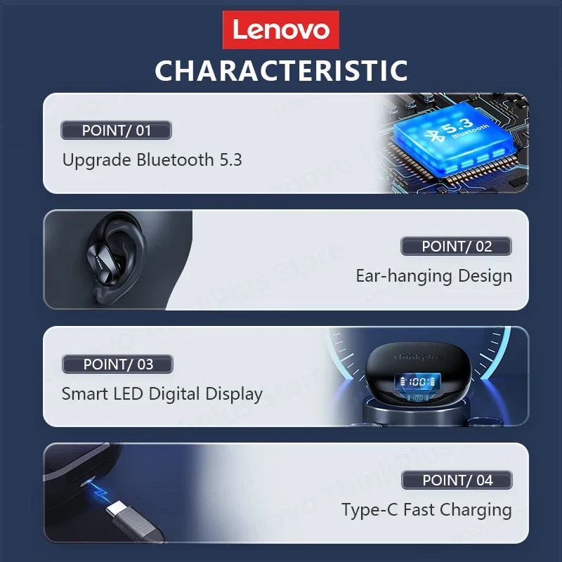 Lenovo LP75 TWS Sports Earphones — Bluetooth 5.3 Wireless, Waterproof HiFi Stereo, Noise-Reducing Earbuds with Mic
