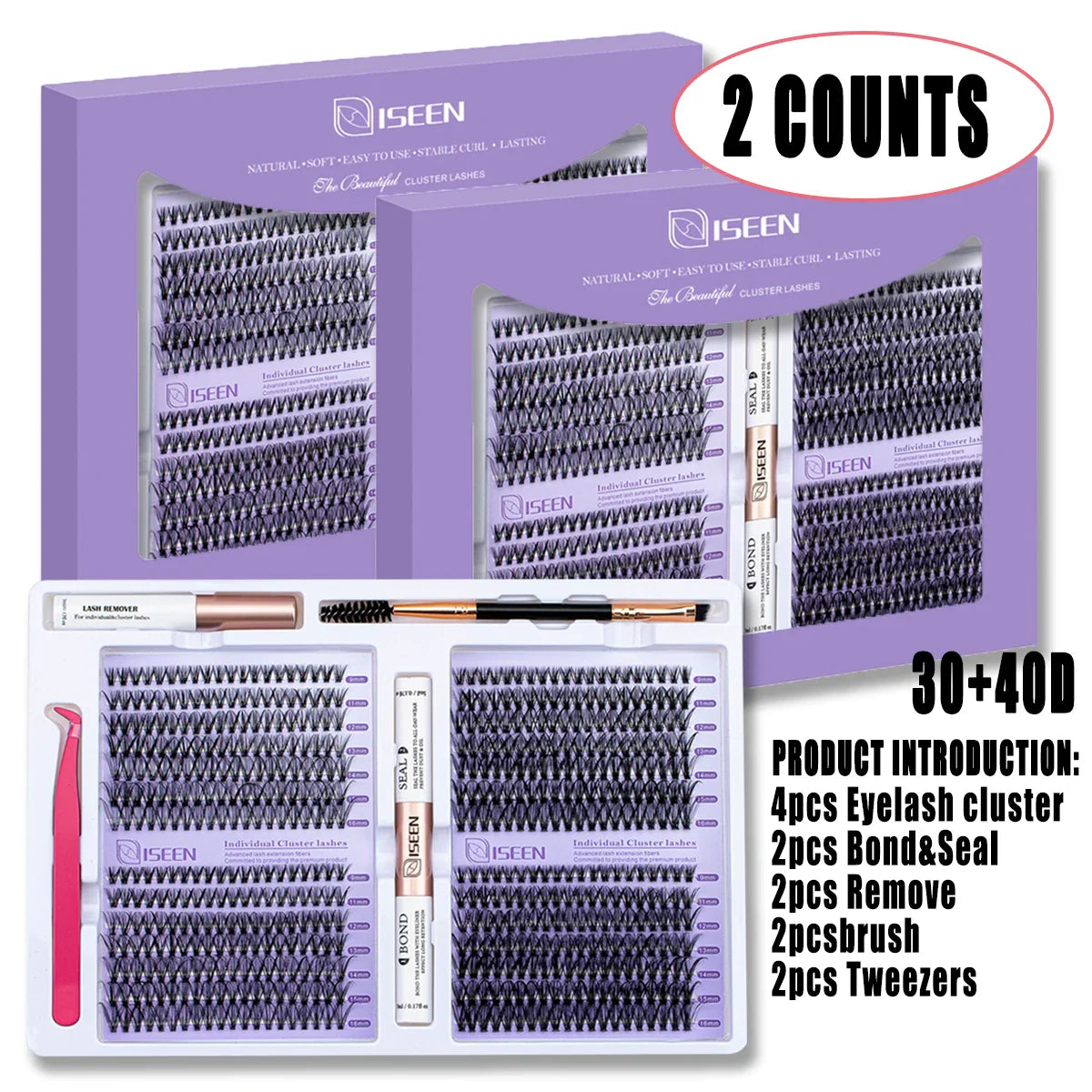 DIY Eyelash Extension Kit – Cluster Mix Eyelashes Set with Lash Bond & Seal, Tweezers & Brush for Full Lash Look