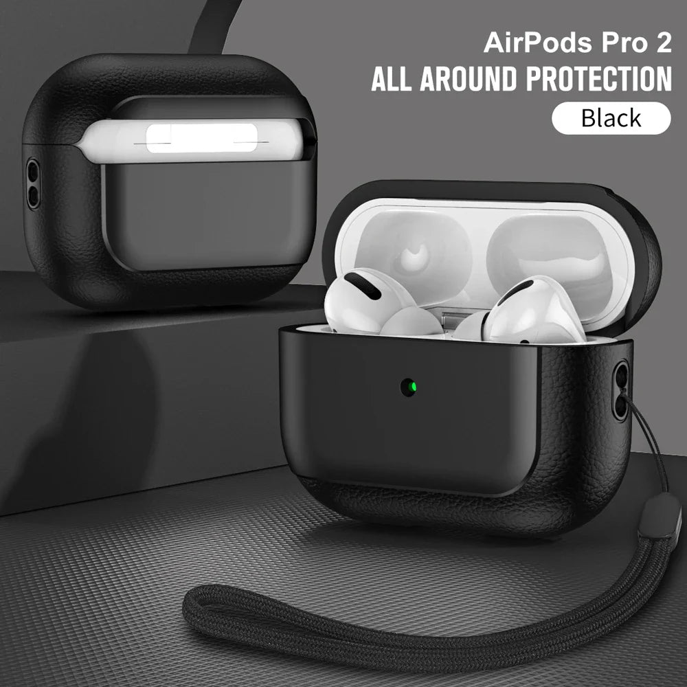 Luxury Leather Pattern Earphone Case for AirPods Pro 2/3/4 – Shockproof ANC Cover with Lanyard
