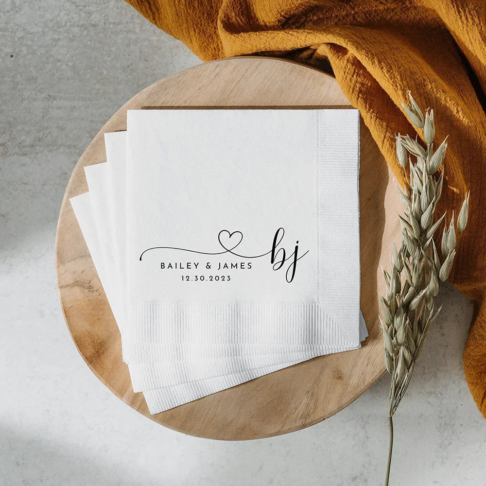50pcs Personalized Wedding Cocktail Napkins – Custom Initials & Pet Portrait Dinner Party Decor
