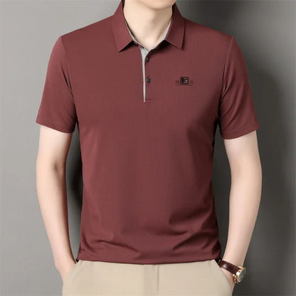 Men's Business Casual Short Sleeve Polo Shirt - Solid Color Breathable Badge Polo Top