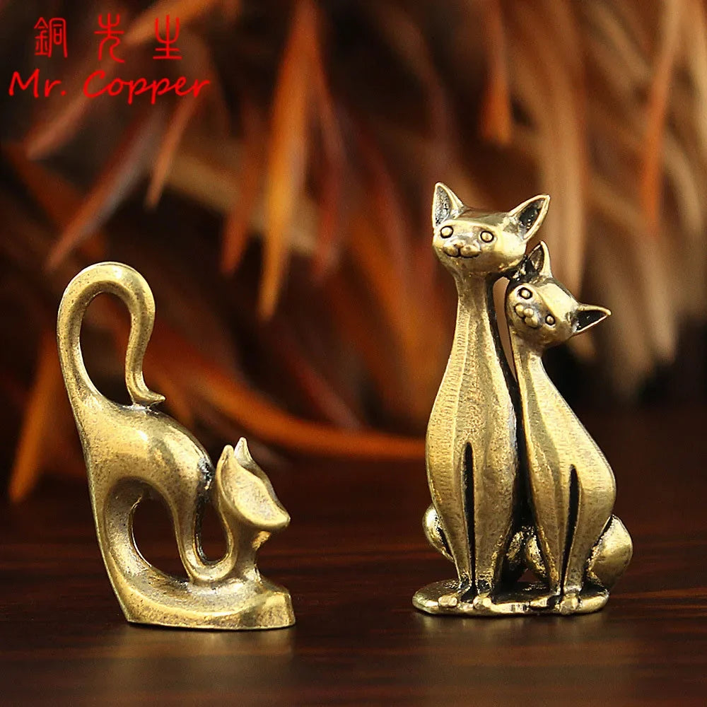 Brass Cat Figurines - 7 Style Modern Retro Animal Mini Statues for Desktop, Home Decor & Craft Accessories