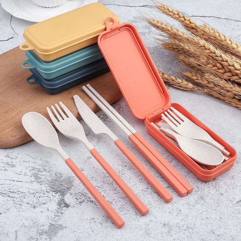 4Pcs Portable Wheat Straw Dinnerware Set - Detachable Cutlery, Travel & Picnic Tableware - Camping Cutlery Set for Outdoor Dining
