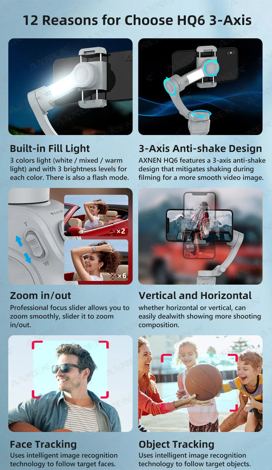 3 Axis Handheld Gimbal Stabilizer with Fill Light – Smartphone Stabilizer for iPhone & Android, Face Tracking, TikTok, Vlog – HQ6
