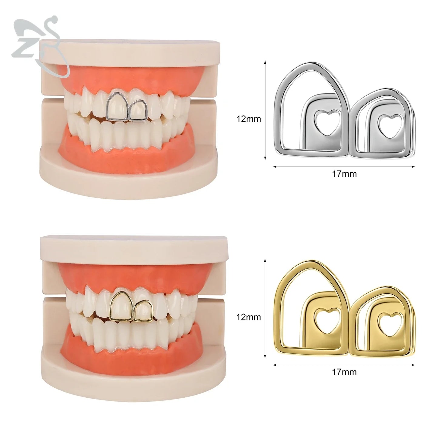 ZS Hip Hop Grillz – Silver/Gold Plated CZ Crystal Cross & Rose Star Tooth Cap, Top & Bottom Set