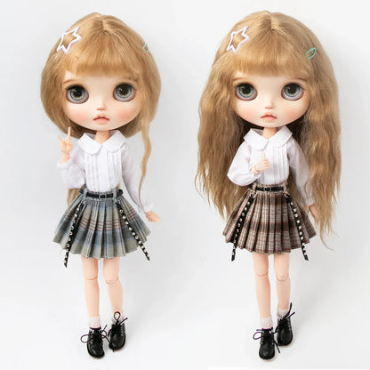 Blythe Doll Clothes Plaid Pleated Skirt & Off-Shoulder Top Tulle Dress Set — Ruffle Skirt for Licca, Azone, OB22, YMY Doll Accessories