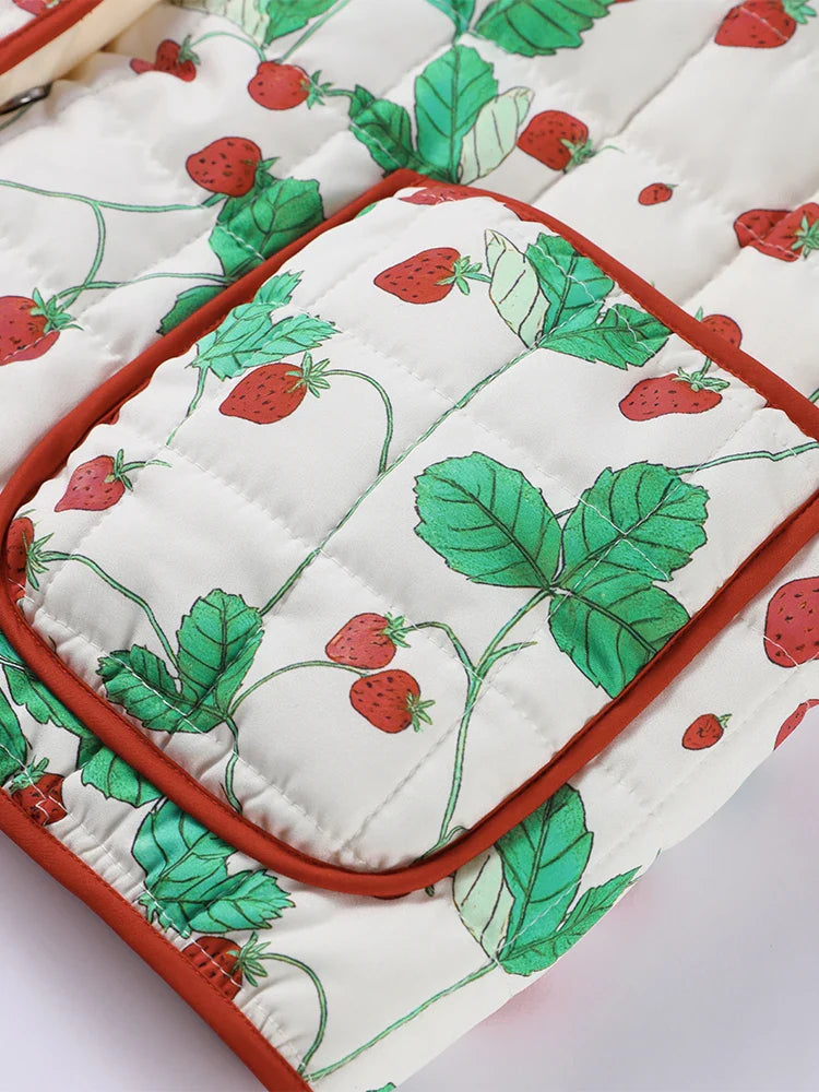 2025 Women’s Printed Quilted Padded Jacket – Collared Cotton Coat with Contrast Piped Pockets, Casual Autumn Outerwear