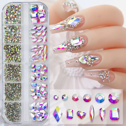 12-Grid 3D Glass AB Crystal Nail Art Rhinestones Kit – Flatback Round Beads with Tools for Nail Jewelry & Diamond Decoration