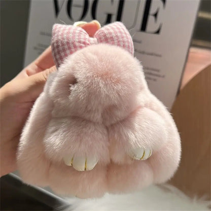 Hair Bow Rabbit Fur Keychain – Cute Fluffy Bunny Plush Bag Charm & Couple Pendant
