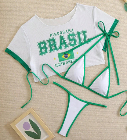 Women’s Brazilian Flag Print Bikini Set – Sexy 3-Piece Thong Split Swimsuit 2026 Summer Beachwear with Short Sleeve Cover Up
