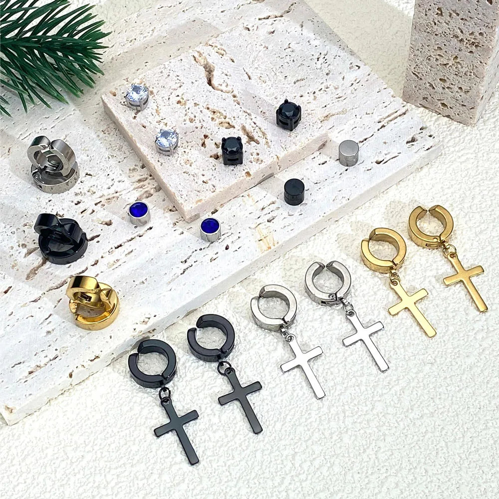 Magnetic Cubic Zirconia Clip-On Earrings Set – Non-Pierced Fake Stud, Cross Dangle & Hoop Styles for Men & Women