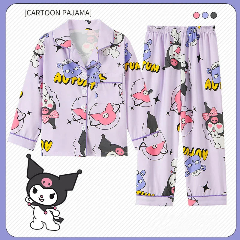 2pcs Kid's Cinnamoroll Pajamas Set - Long Sleeve Top & Pants, Kuromi Sanrio Print Loungewear for Girls