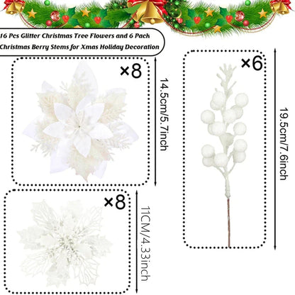 22PCS Christmas Decoration Set – Artificial Flowers & Berry Bouquet Ornaments for Tree, Home Decor, and Holiday Gifts