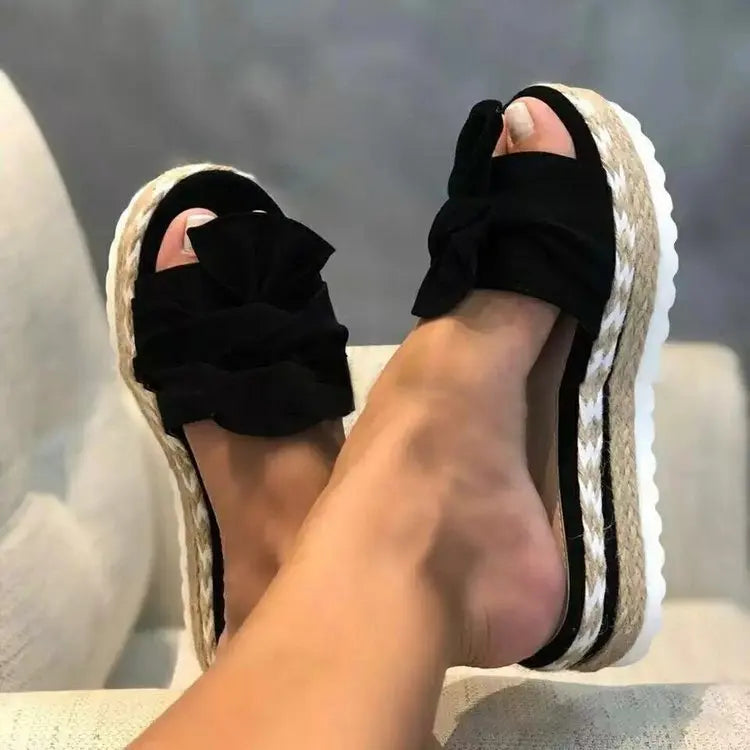 Women's Bowknot Woven Wedge Sandals - Comfortable Non-Slip Summer Beach Shoes