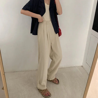 High Waist Women’s Suit Pants – Straight Office Trousers, Casual Button Loose Black Pants for Fall 2024