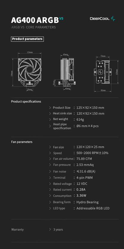 DEEPCOOL AG400 CPU Air Cooler — 4 Heat Pipe ARGB PWM Radiator, 220W TDP for Intel LGA1700/1200/115X/1151/1155 & AMD AM4/AM5