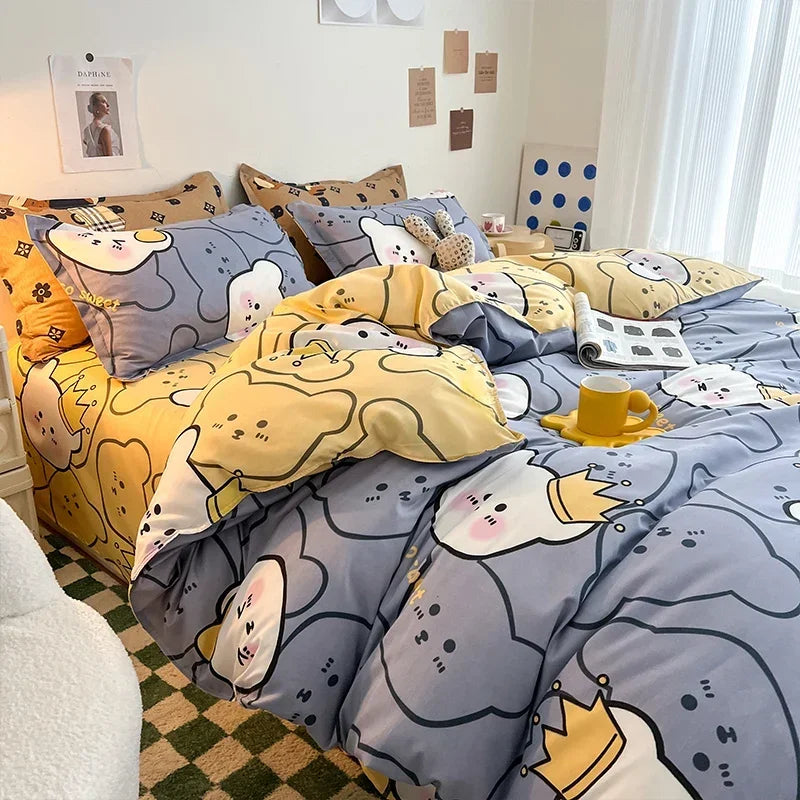 Kawaii Bear & Dog Printed Bedding Set – Floral Duvet Cover with Pillowcases, Full/Queen/King Bed Linen Quilt Sheets