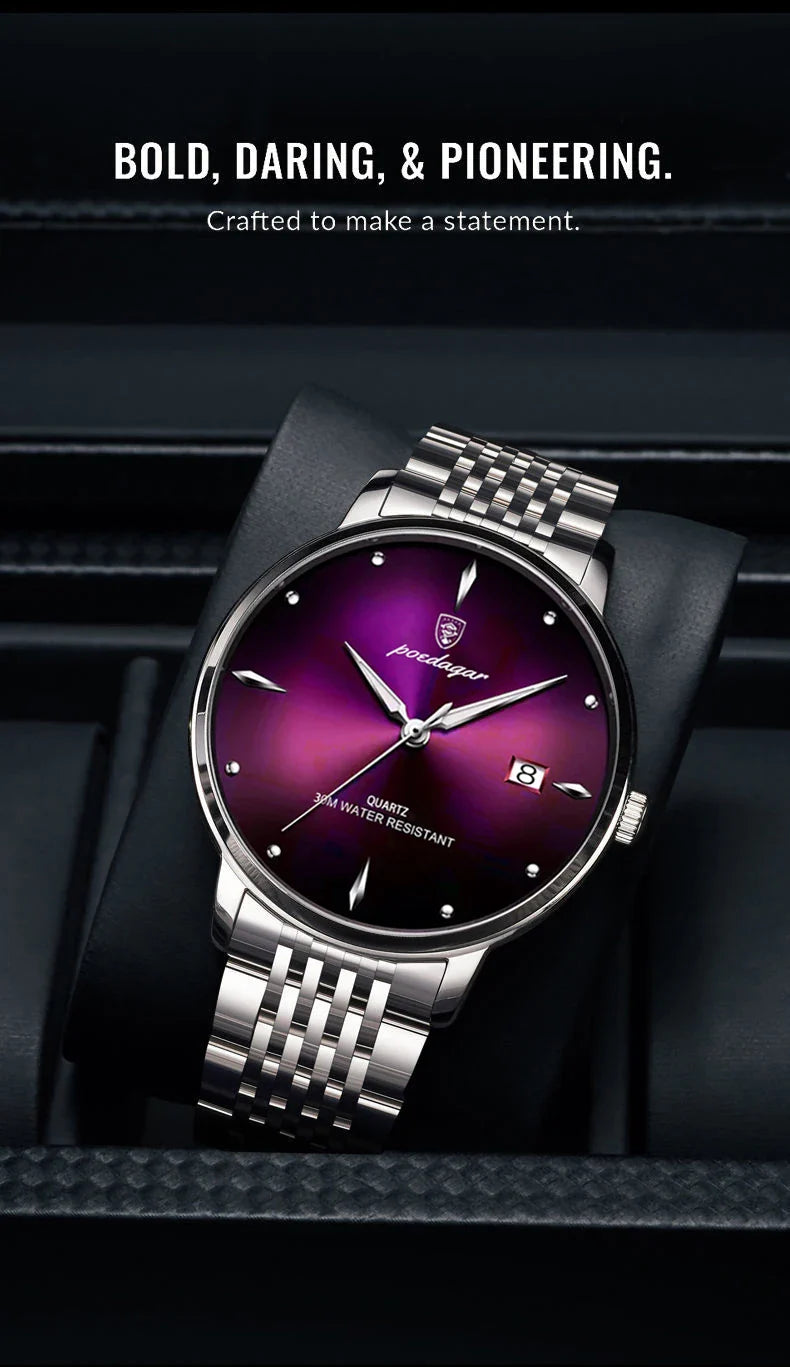 POEDAGAR Luxury Men's Sports Watch — Waterproof Luminous Stainless Steel Quartz Wristwatch with Date