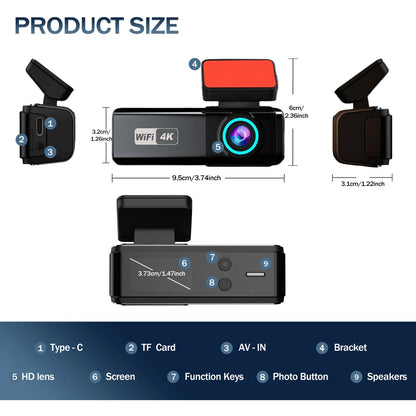 Aprilboy 4K WiFi Dash Cam 2160P – Dual Lens Front & Rear Car DVR, Night Vision, G-Sensor, 24H Parking Monitor