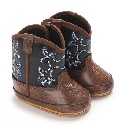 Western Cowboy Baby Boots - Soft Sole Embroidered Pre-Walker Shoes for Newborn Girls 0-18M