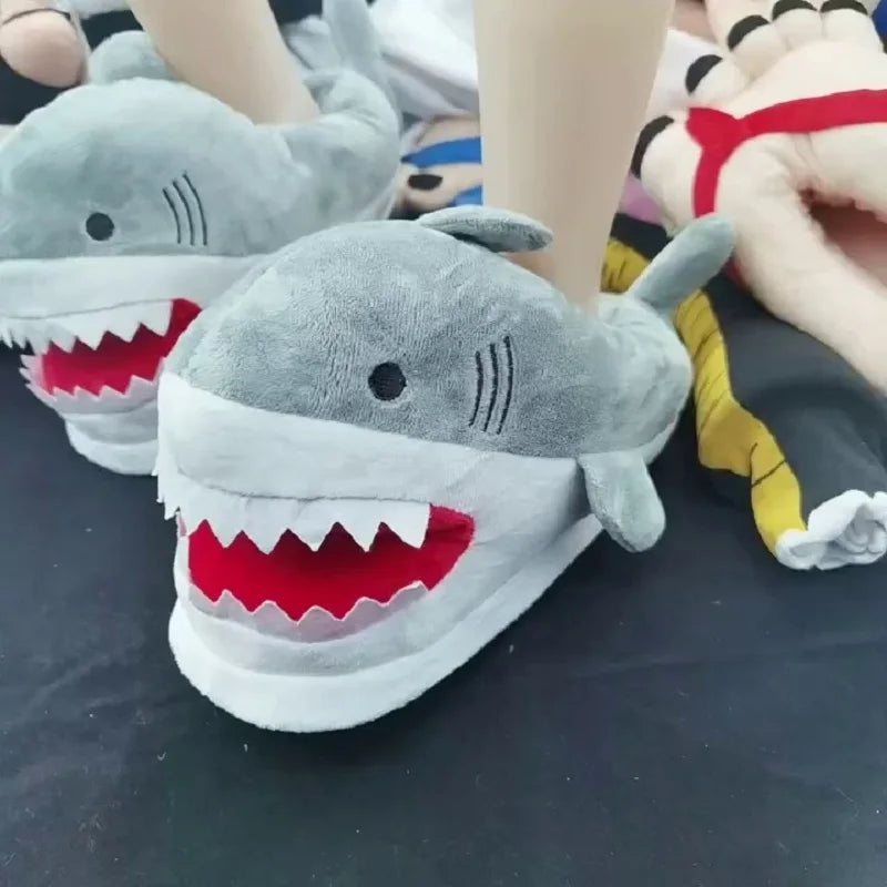 Feerldi Shark Winter Slippers — Cartoon Anime Slip-On Fish Slides for Girls, Boys & Women, Plush Open-Mouth Cotton Shoes