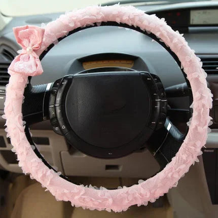 Pink Car Interior Accessories Set - Lace Steering Wheel Seat Belt Gear Shift And Mirror Covers For Women