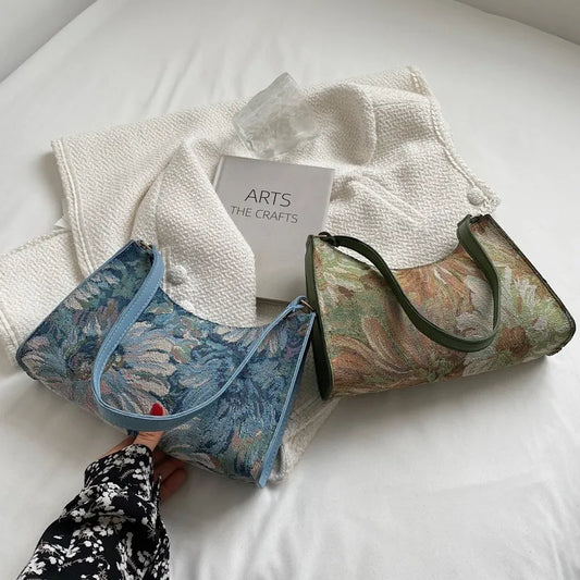 Autumn Trendy Women's Underarm Bags: Oil Painting Shoulder Bag - Cute Simple Handbags for Female Travel
