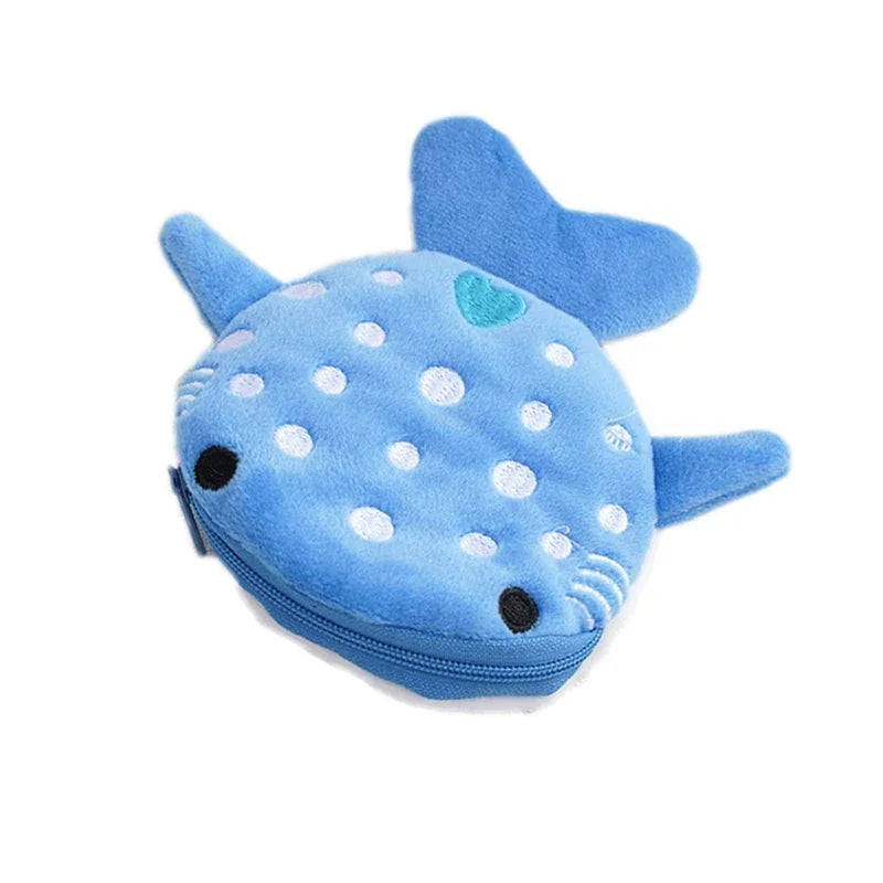 Cute Blue Shark Mini Coin Purse – Plush Zipper Wallet for Women, Key & Earphone Pouch