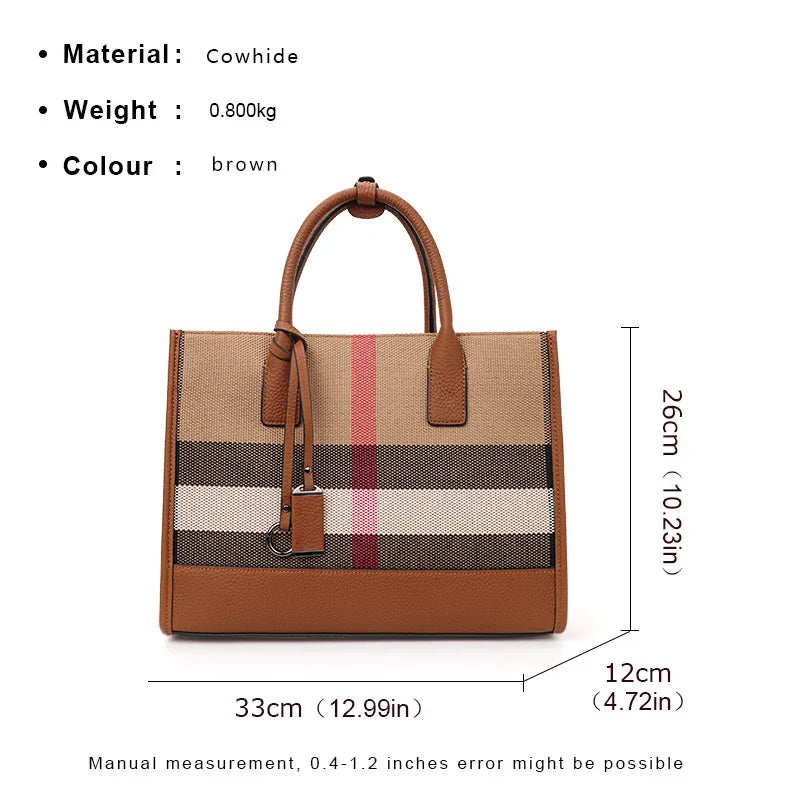 Aidrani Women’s Plaid Canvas Handbag – Classic Large Capacity Cowhide Single Shoulder Crossbody Bag
