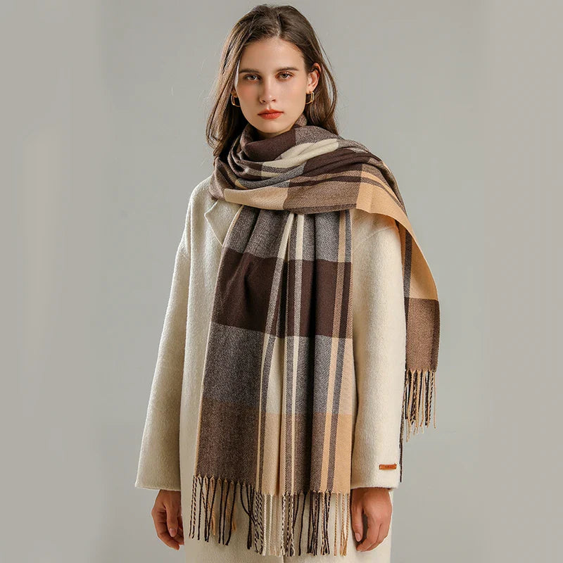 Warm Cashmere Blanket Scarf for Women - Fashionable Plaid Pashmina Shawl with Tassels, Thick Winter Wrap, Casual Poncho