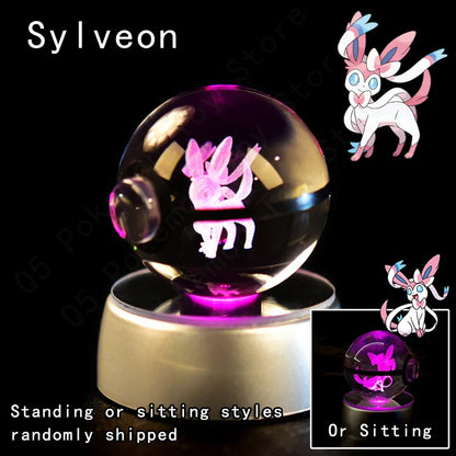 Pokemon 3D Crystal Ball Figurine — Pikachu, Gengar, Mew, Mewtwo Glass Statue with Lamp Base, Kids Birthday Gift