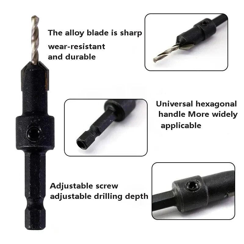 5PCS Woodworking Countersink Drill Bit Set – One-Piece Hex Handle Twist Drill with Chamfering Tool
