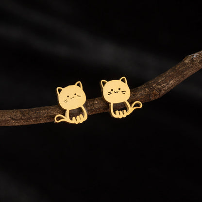 Jisensp Cartoon Cat Earrings — Cute Stainless Steel Kitten Studs for Women & Girls, Funny Animal Jewelry