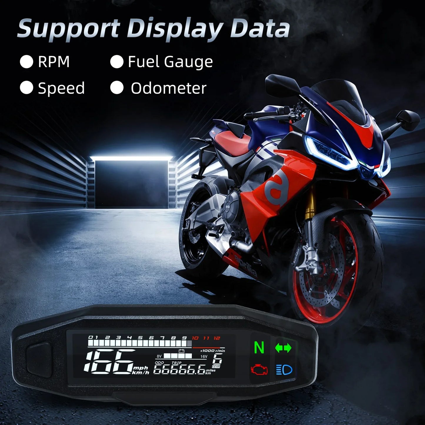 AD Universal Motorcycle Digital Speedometer – LED Tachometer Dashboard Instrument Panel with LCD Display & Y Bracket