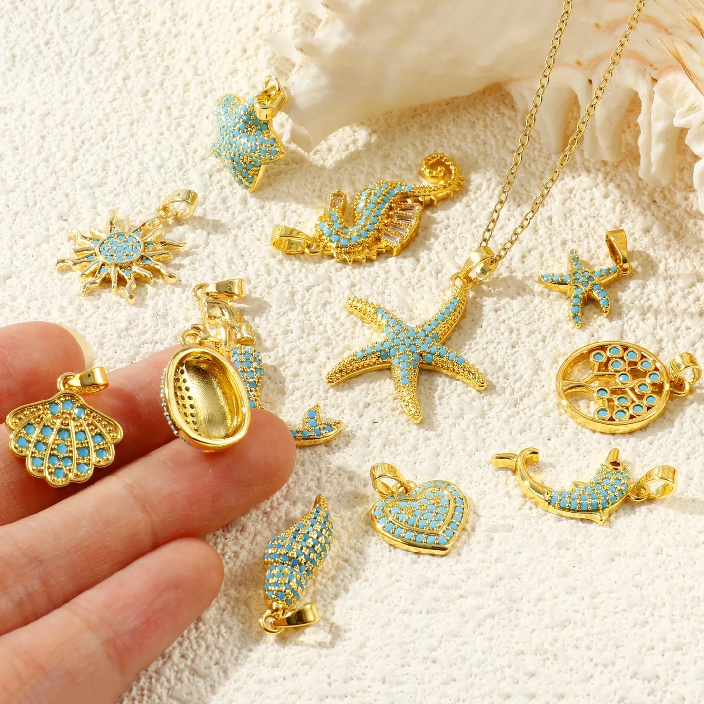 Blue Cubic Zirconia Ocean Charm Pendant Set – 18K Gold Plated Starfish, Mermaid & Conch DIY Necklace Jewelry