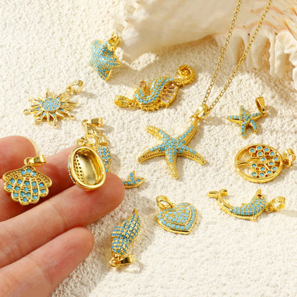 Blue Cubic Zirconia Ocean Charm Pendant Set – 18K Gold Plated Starfish, Mermaid & Conch DIY Necklace Jewelry