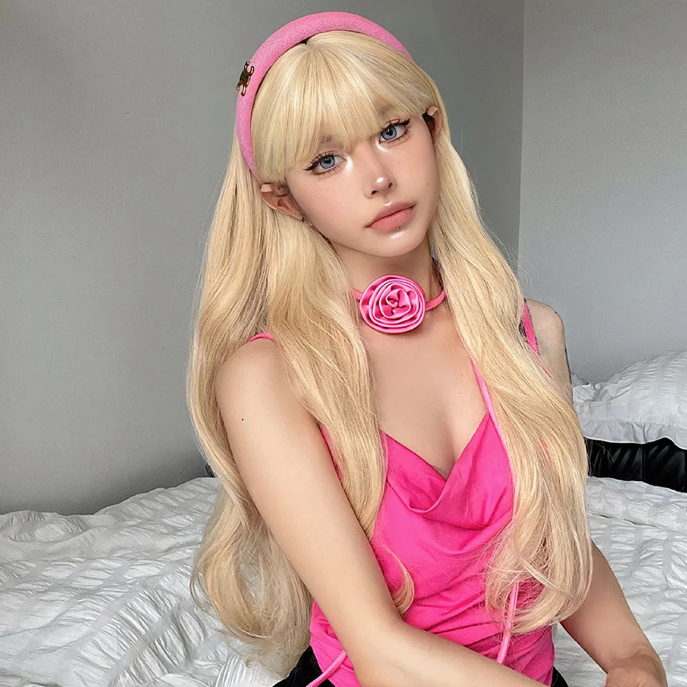 Long Blonde Wavy Synthetic Wig with Bangs – Lolita Cosplay & Halloween Heat-Resistant Wig for Women