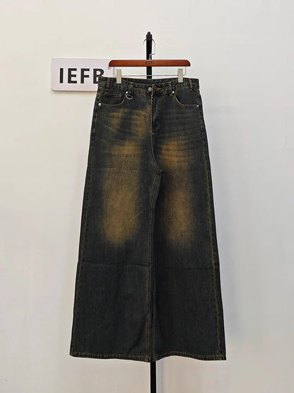 IEFB Men’s Summer Denim Jeans – Washed Blue Straight Loose Wide-Leg Casual Pants
