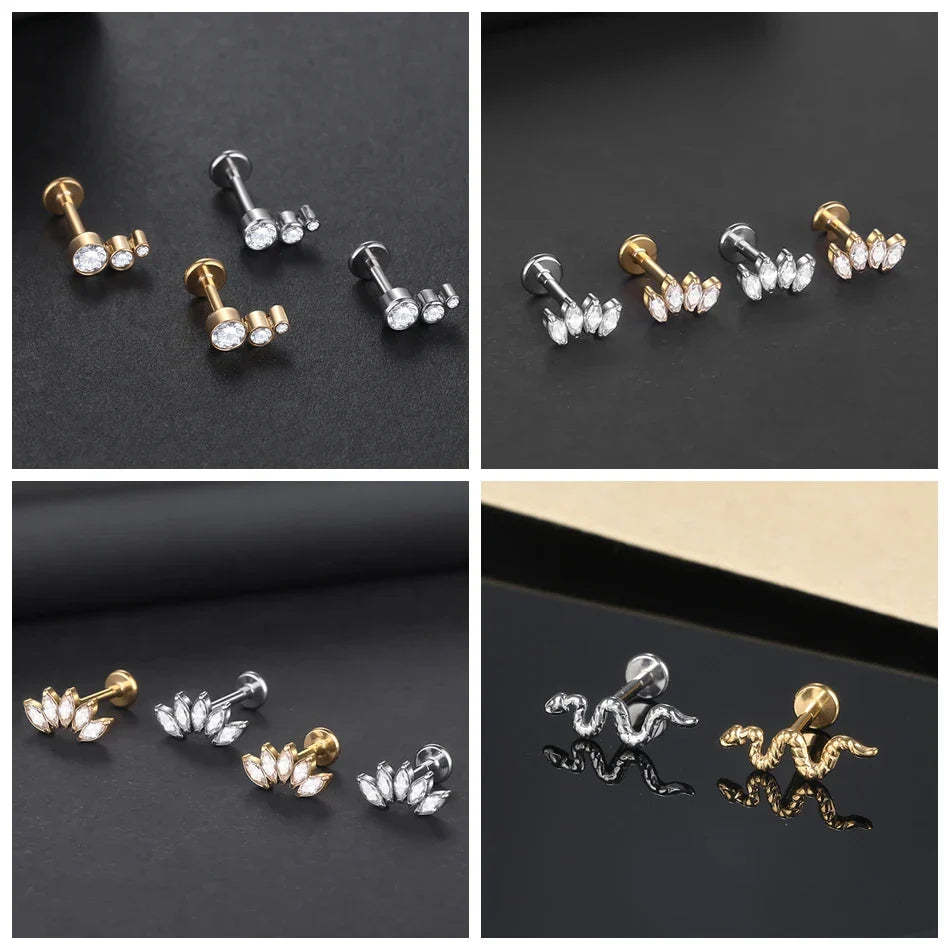 Titanium CZ Tragus & Helix Stud – Internally Threaded Labret Lip Ring Piercing Earring (1PC)