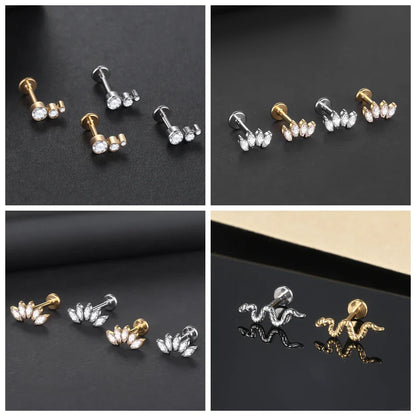 Titanium CZ Tragus & Helix Stud – Internally Threaded Labret Lip Ring Piercing Earring (1PC)